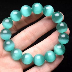 13.4mm Natural Green Cat Eye Crystal Beads Stretch Bracelet AAA